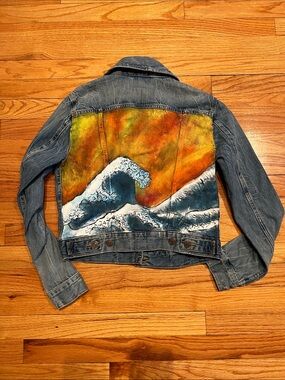 Hand Painted Wave and Sunset on Levi's Medium Blue Denim Jacket- 100% Cotton